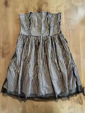 Frock and Frill Strapless Gold Sequin Dotted Tulle Cocktail Dress Sz 10